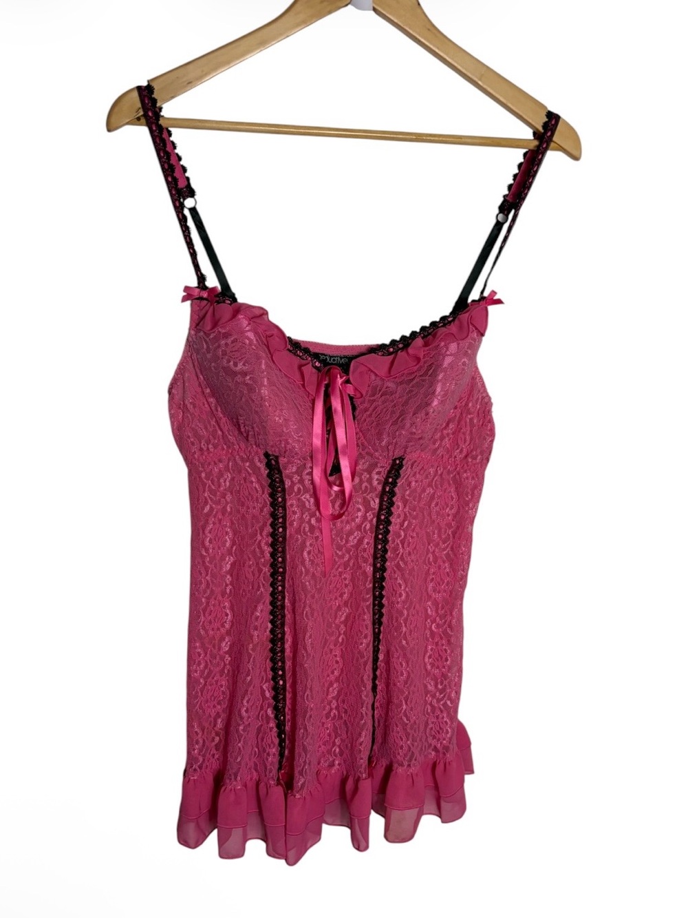 Y2K Cinema Etoile pink lace nylon ruffle lace up lingerie teddy size L